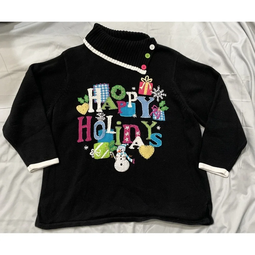 Quacker Factory Women's Christmas Sweater Happy Holidays Black Size‎ 1X